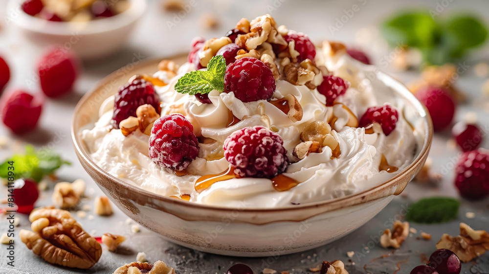 A bowl of creamy ice cream adorned with juicy raspberries and crunchy walnuts, offering a delightful blend of flavors and textures. A bowl of creamy ice cream adorned with juicy raspberries and crunchy walnuts, offering a delightful blend of flavors and textures.