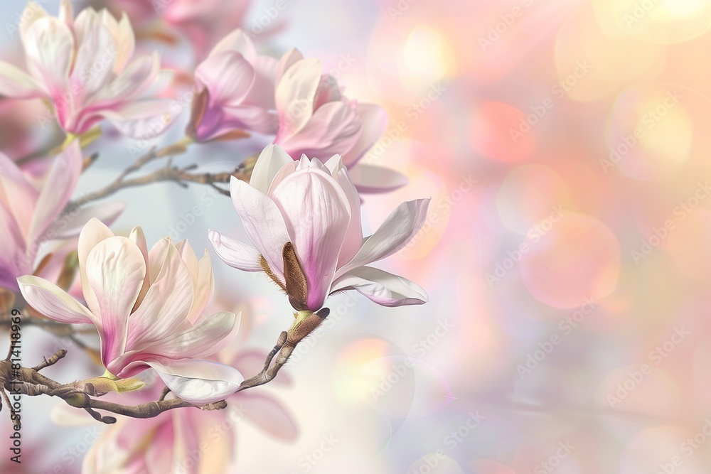Fototapeta premium Spring Magnolia Blossoms, Perfect for Text on a Soft Pastel Blurred Background