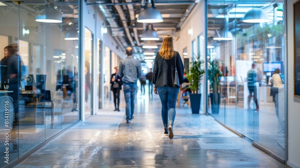 A group of people walking down a hallway in an office building. Generative AI. A group of people walking down a hallway in an office building. Generative AI.