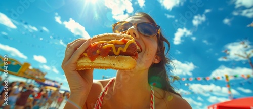 A woman in sunglasses eating a hot dog with a bun. Generative AI.