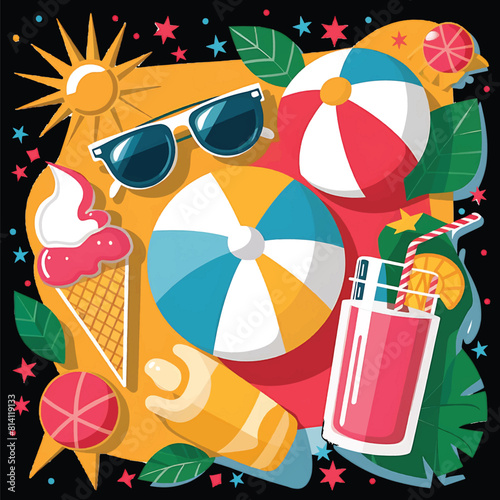 Summer vacation icon set like beach ball, drink, etc on t-shirt for coolness and fashion