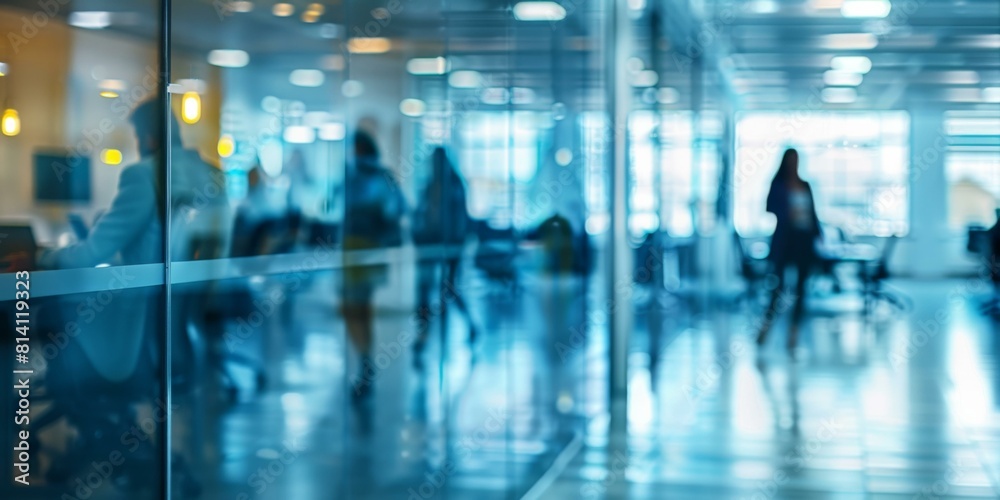 A blurry image of people walking through a glass office building. Generative AI. A blurry image of people walking through a glass office building. Generative AI.