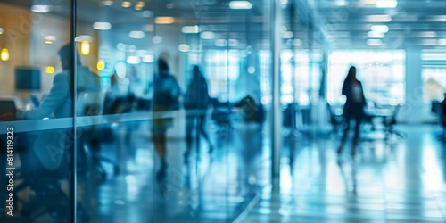 A blurry image of people walking through a glass office building. Generative AI.