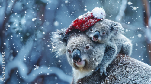 A chubby baby koala sporting a festive cap clings to its mother's back as they navigate the snowy eucalyptus forest their bond a heartwarming display of familial love photo