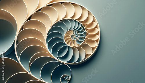 Close-up of a Fibonacci spiral figure with plenty of copy space on a light blue background