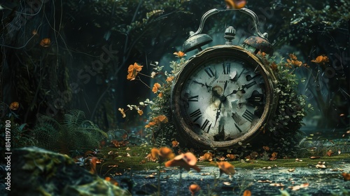 Vintage alarm clock in the autumn forest