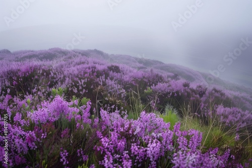 Wild Heather in Highland Mist  Ideal Text Space on a Foggy Mountain Background