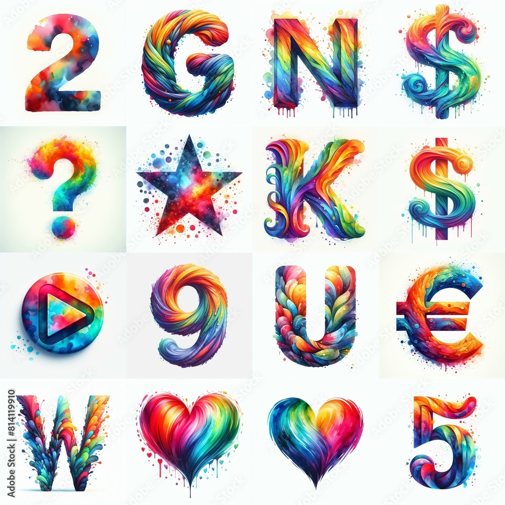 Watercolor bright rainbow colors Lettering Typeface. AI generated illustration