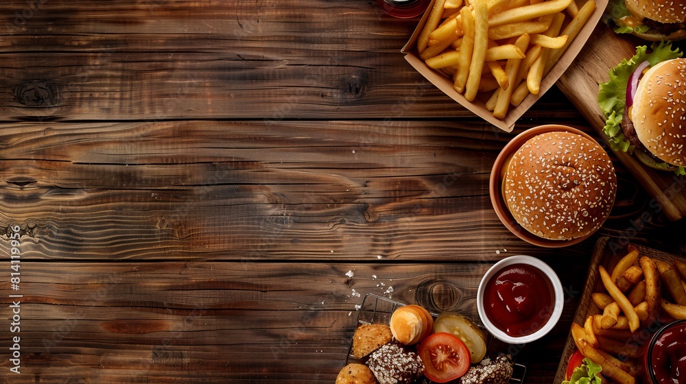 Variety junk food products on the top view background Variety junk food products on the top view background