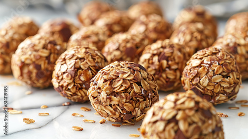 A bunch of small, round, chocolate and oat balls are sitting on a table with a pile of oat flakes