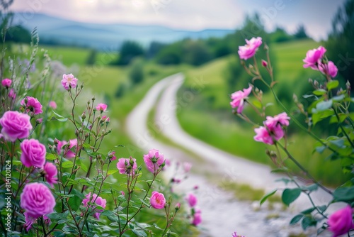 Wild Roses by a Country Road  Ideal for Text on a Rustic Blurred Background