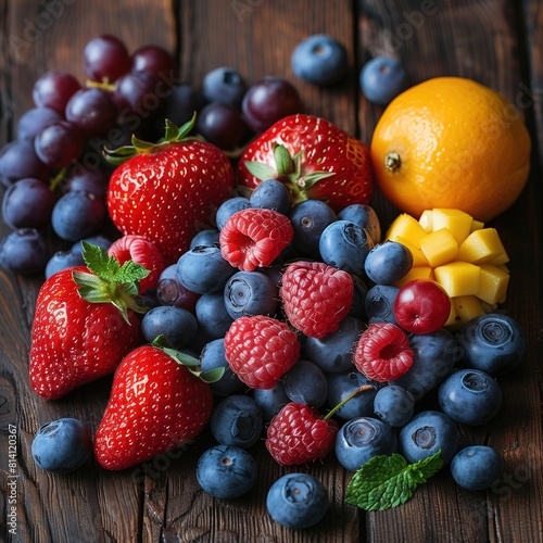 selection of various fruits like apples, bananas, oranges, and grapes are artfully arranged on a rustic wooden table, creating an enticing display of colors and textures