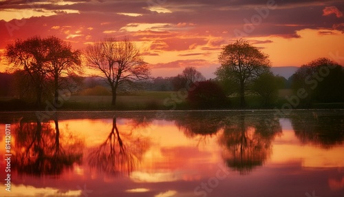 A serene pond reflecting the vibrant hues of a fiery sunset, mirrored in the still waters. AI generated