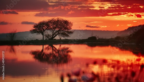 A serene pond reflecting the vibrant hues of a fiery sunset, mirrored in the still waters. AI generated