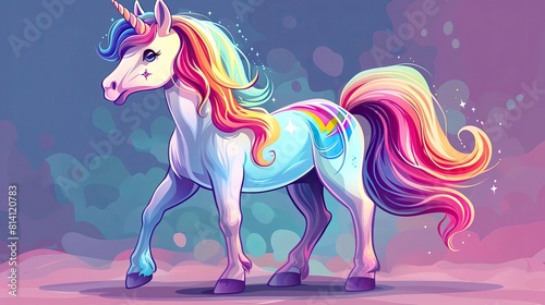 A beautiful unicorn with a rainbow mane and tail is walking through a field of flowers. The unicorn is white with a pink horn and blue eyes. The flowers are pink  yellow  and blue.