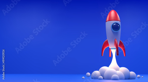 Realistic 3d rocket flying in space. Spaceship rocket lunch icon isolated on blue background. Catroon space shuttle for startup business concept. Vector simple illustration