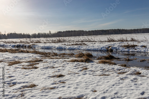 Early spring  melting snow  under the bright rays of the sun  thawed patches in the snow  colorful winter landscape