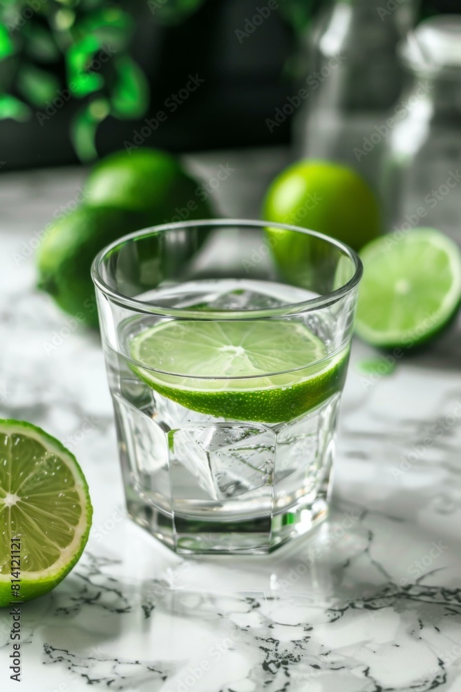 A glass of a glass of water with lime slices on the side. Generative AI. A glass of a glass of water with lime slices on the side. Generative AI.