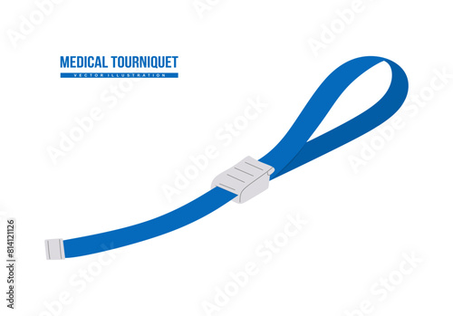 Vector medical tourniquet. Hemostatic tourniquet with clamping device to limit the circulation of venous blood during intravenous manipulations. First aid. Colored flat vector illustration