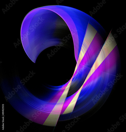 A round frame on a black background is formed by flat wavy, arc and straight layered elements. Icon, logo, symbol, sign. 3D rendering. 3D illustration.