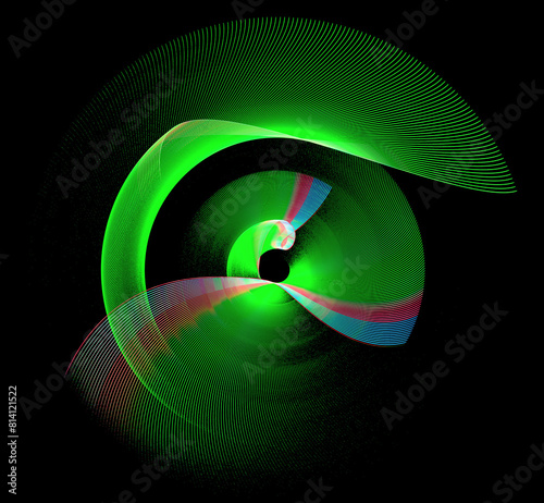 A green abstract propeller with colored accents and wavy shaped blades spins on a black background. Icon, logo, symbol, sign. 3D rendering. 3D illustration.