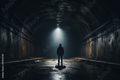 Subterranean Tunnel underground man dark. Exit escape. Generate Ai