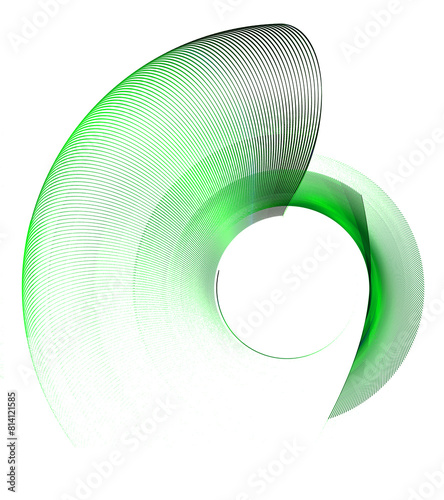 Green abstract transparent blades are arranged in layers and rotate in a circle on a white background. Icon, logo, symbol, sign. 3D rendering. 3D illustration.