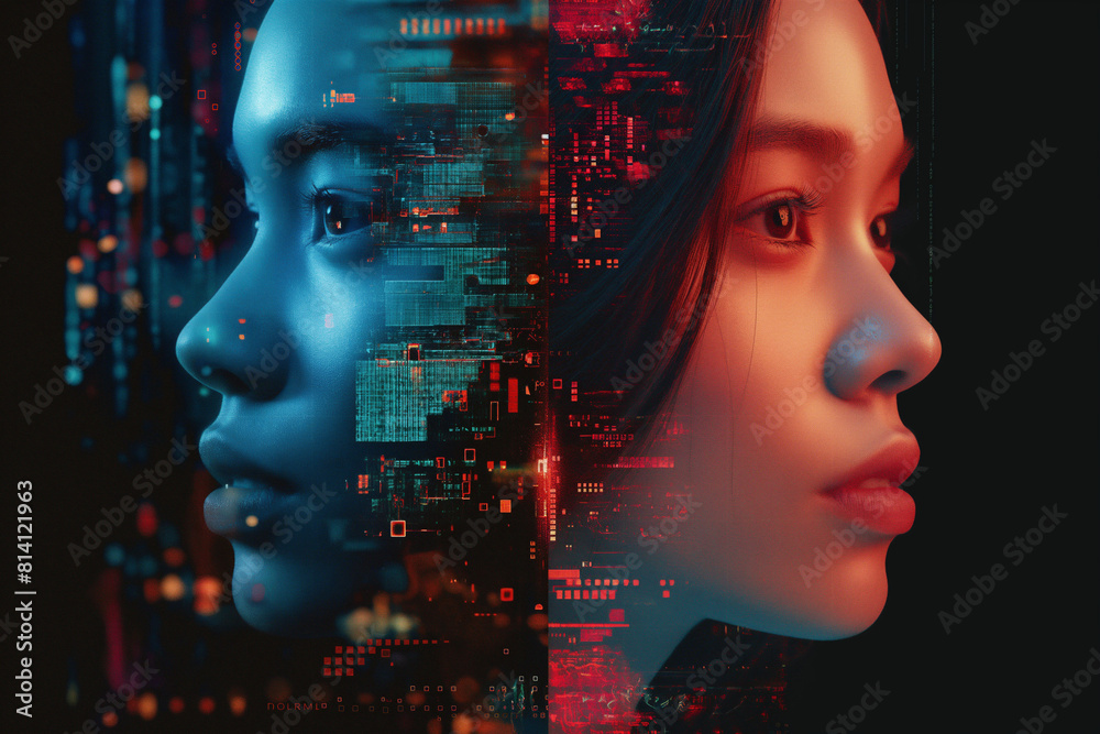 womans profile split into two one side depicts her natural appearance, other is a vivid digital representation, symbolizing the blend of humanity with advanced digital realities. womans profile split into two one side depicts her natural appearance, other is a vivid digital representation, symbolizing the blend of humanity with advanced digital realities.