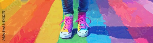 A person wearing rainbow-colored shoes is standing on a rainbow-colored crosswalk. The shoes are untied and the person is standing with their feet shoulder-width apart. photo