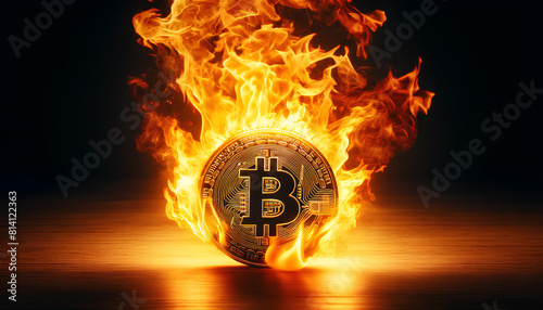 burning bitcoin engulfed in bright flames on a dark background photo