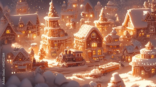 Enchanting 3D Rendered Gingerbread Village with Train Under Snowy Christmas Night photo