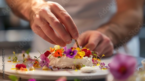 A chef carefully arranges edible flowers on a plate with tweezers.