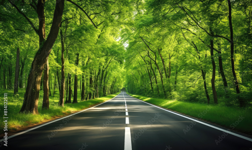 A long road towards the horizon through a green forest