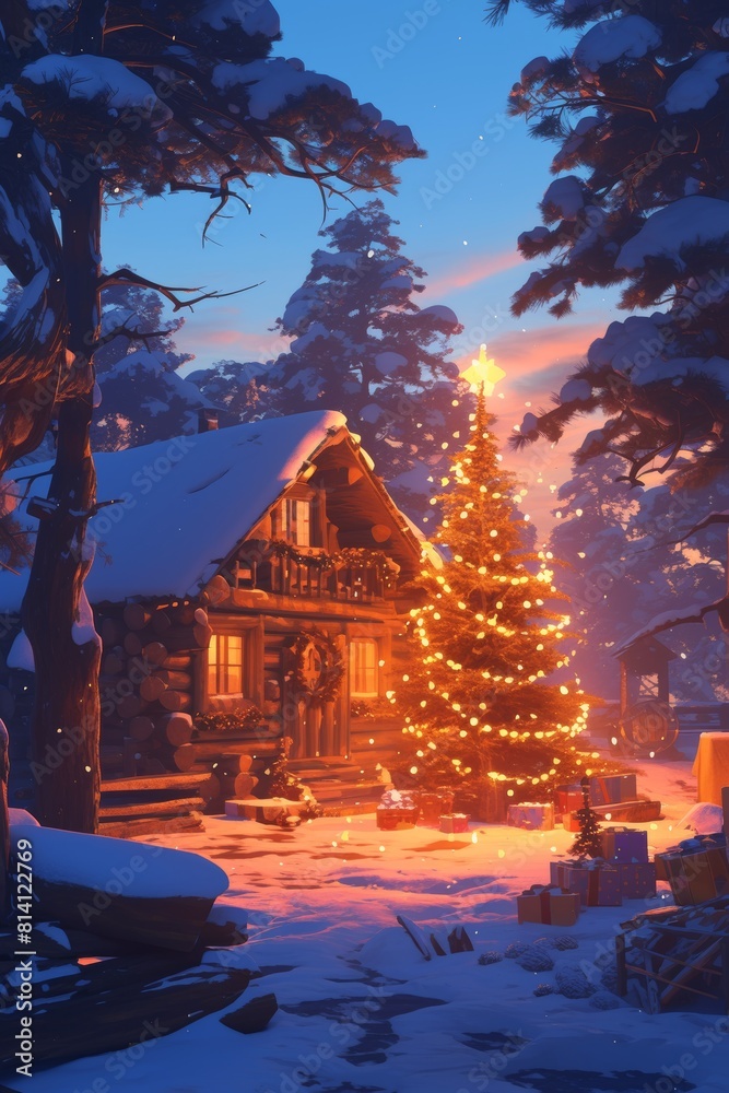 Warm and Cozy Christmas Cabin Scene with Decorated Tree and Snowy Landscape