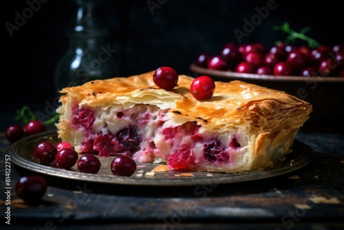 Savory Turkey pie with cranberries. Baked poultry tart crust decorated with berry fruit. Generate ai