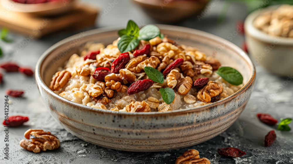 A hearty bowl of oatmeal topped with crunchy nuts and sweet berries, a nutritious and delicious start to the day. A hearty bowl of oatmeal topped with crunchy nuts and sweet berries, a nutritious and delicious start to the day.