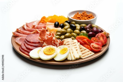 Gourmet wooden board with variety of cheeses, cured meats, and fresh garnishes on a white background