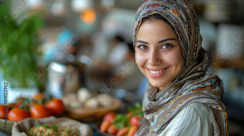 beautiful smiling women wearing a hijab preparing traditional meal for ramadan © PhotoFed