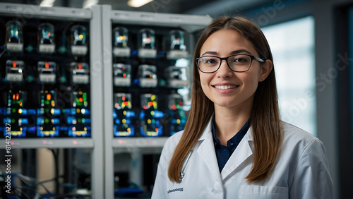 woman doctor, scientist, or researcher, working in a medical research lab wearing a white lab coat photo