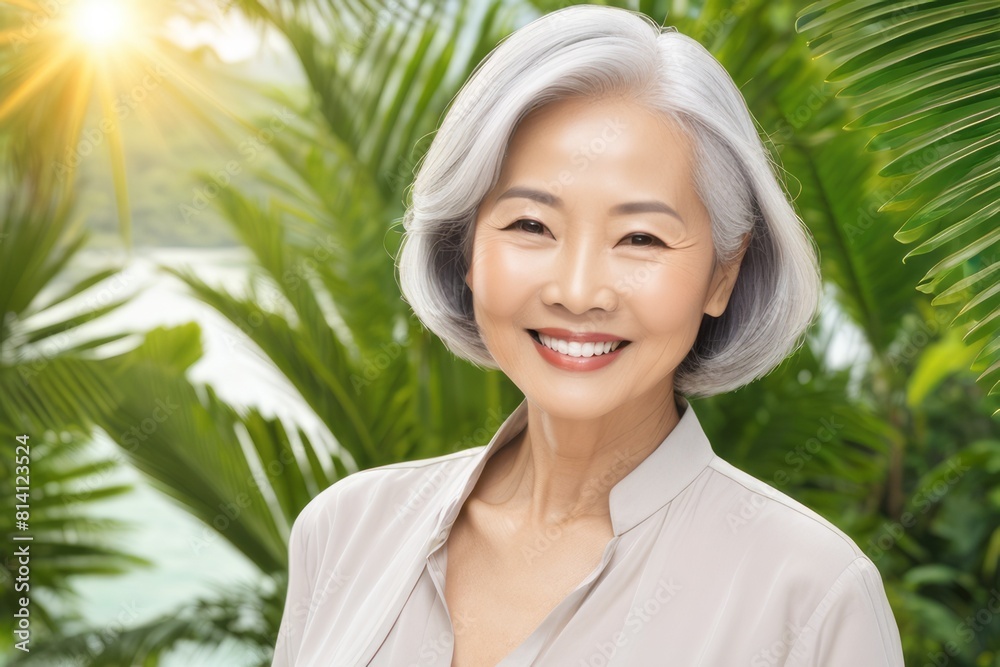 an elderly Asian woman graces the tropics with her presence, creating a captivating advertising banner. an elderly Asian woman graces the tropics with her presence, creating a captivating advertising banner.