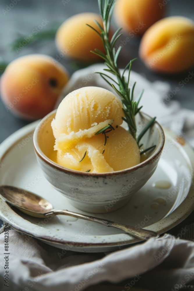 A bowl of ice cream with a sprig of rosemary. Generative AI. A bowl of ice cream with a sprig of rosemary. Generative AI.