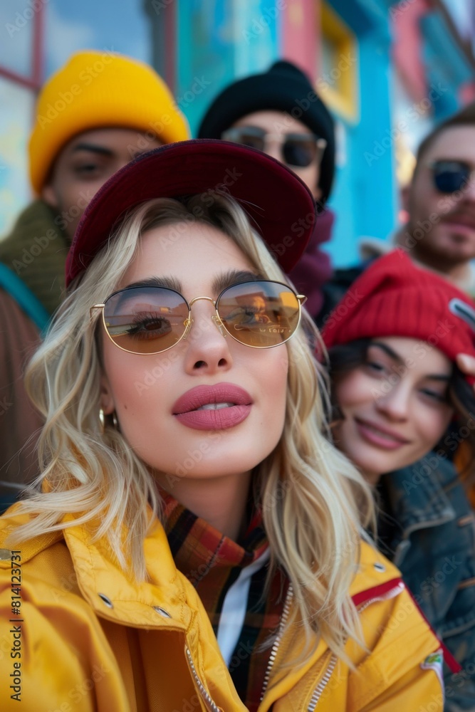 A group of people taking a selfie with one person in the middle. Generative AI. A group of people taking a selfie with one person in the middle. Generative AI.