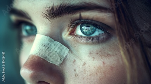 Close-up of a woman's face with bandage on nose