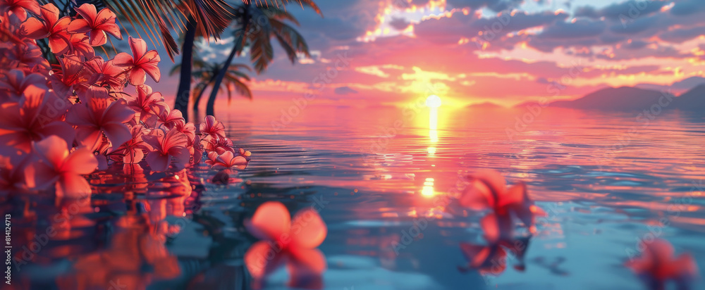 Fototapeta premium Tropical Sunset With Pink Flowers and Palm Trees
