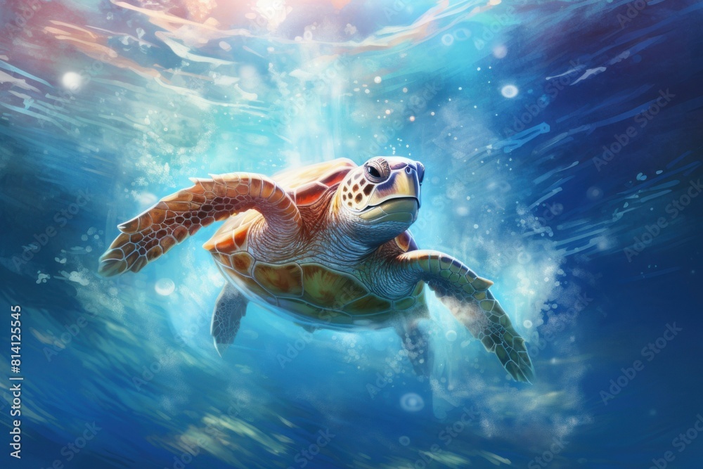 Obraz premium Tranquil Turtle underwater background. Ecosystem beauty. Generate Ai