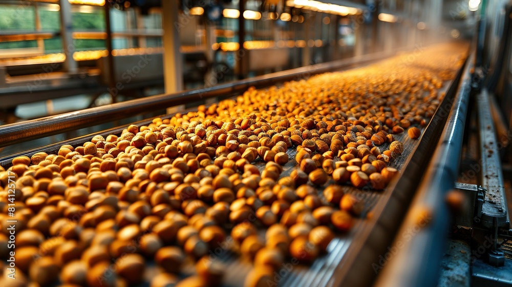 Fototapeta premium Conveyor belt with oranges stacked on top