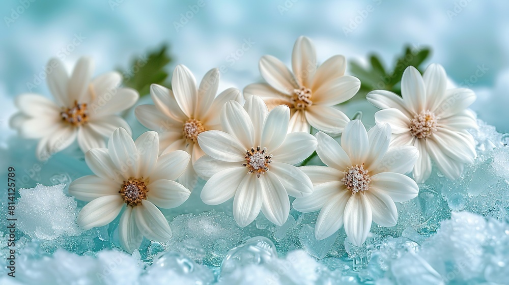 White flowers atop icy water with a nearby green plant White flowers atop icy water with a nearby green plant
