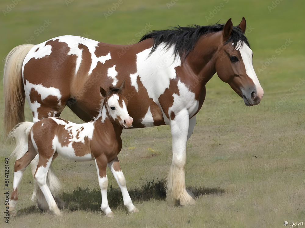 Obraz premium In the Heart of Nature. Wild Mustangs and Their Young.