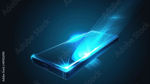 A blank smartphone with a sleek, minimalist design, illuminated by a vibrant blue light beam emanating from its screen.