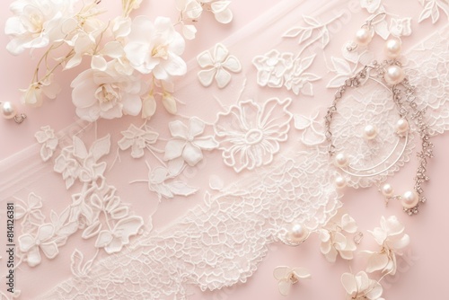 Elegant Wedding Invitation Design with Delicate White Lace and Pearls on Pink Background